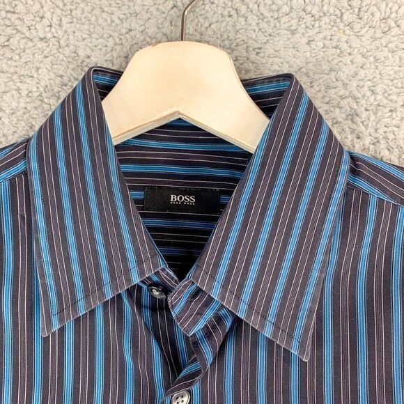 Hugo Boss Dress Shirt Mens 15.75 40 Black Blue Stripe Business Casual‎ Designer - Picture 2 of 11